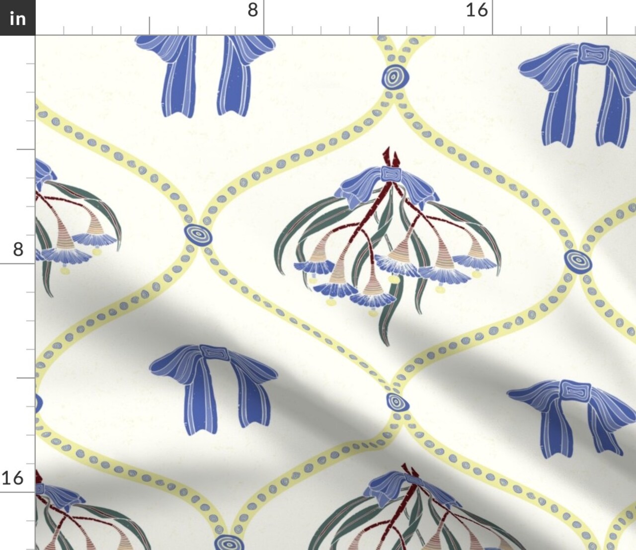 Yellow Leaves Purple Romantic Bows Ogee Eucalyptus Pink Flowers Block Print Blue Snowdrop Granny Chic Vintage Large Scale Custom Printed Fabric by Spoonflower Various Fabrics by the Yard or Fat Quarter